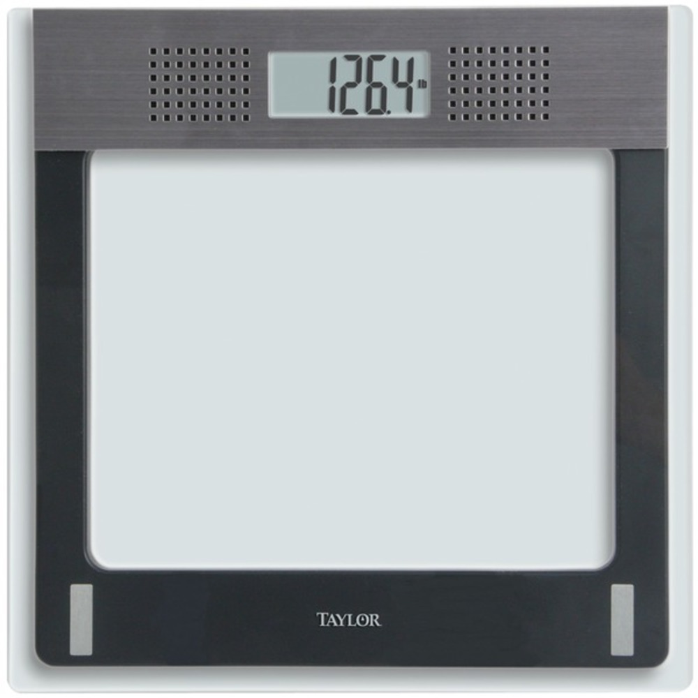 The Taylor talking bathroom scale seen from directly above: a square glass platform with a wide brushed-metal strip across the top holding a digital display reading 126.4 pounds, flanked on both sides by neat grids of small speaker holes — the grilles the spoken weight comes through.