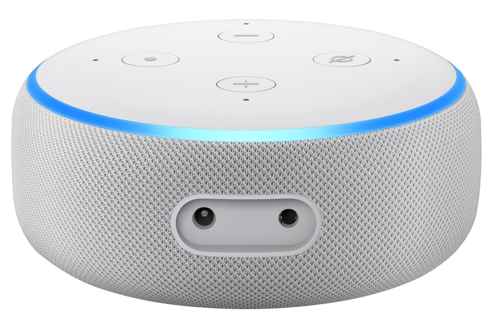 An Amazon Echo Dot smart speaker in light gray fabric, seen from the front and slightly above: a short, round puck with a fine mesh fabric body, a glowing blue Alexa light ring around its flat top edge, and four physical buttons on the top — volume down, microphone mute, action, and volume up — with the power and audio-out ports in a recess on the back.