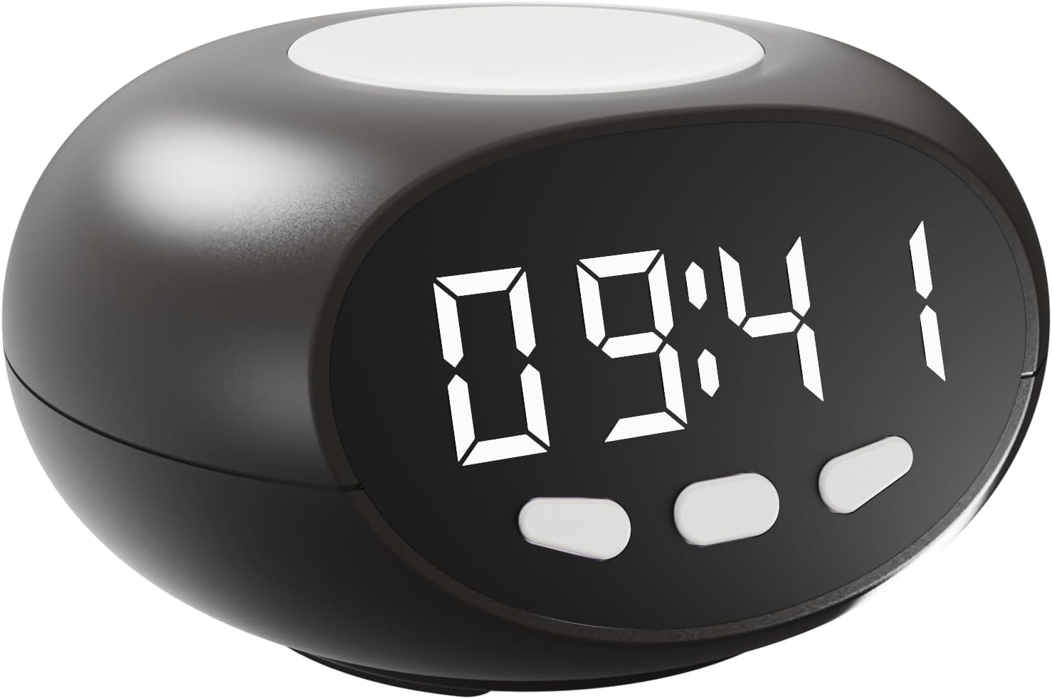 A black talking alarm clock with a smooth rounded pebble shape: huge white LED digits reading 09:41 fill most of the front face, three small white oval buttons sit in a row below the digits, and one very large white oval button covers the top — the button you press to hear the time spoken.