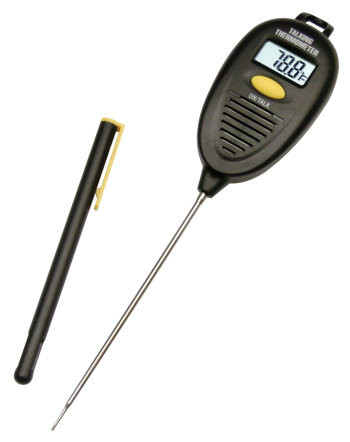A black handheld talking cooking thermometer with a long thin metal probe, a digital display reading 78.8 degrees Fahrenheit, a speaker grille, and one large yellow button marked ON/TALK below the display; its black probe cover with a yellow pocket clip lies beside it.