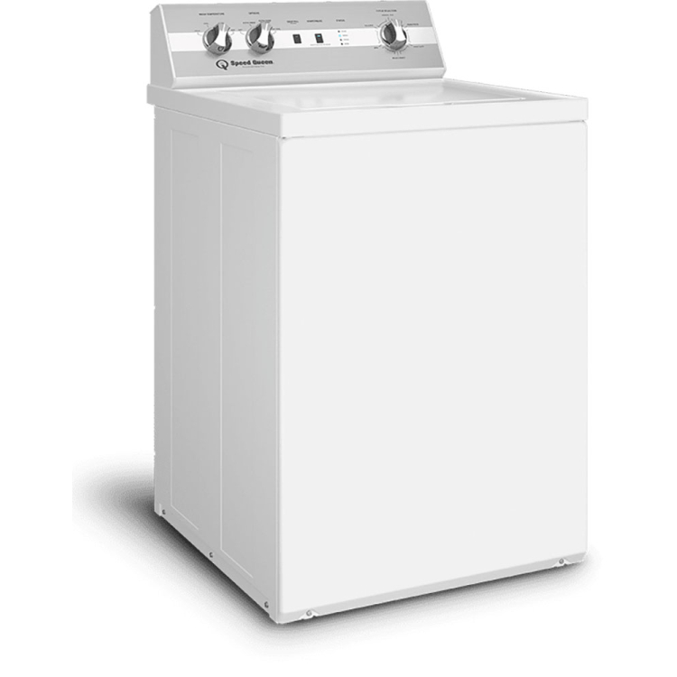 A white Speed Queen top-load washing machine seen from a front three-quarter angle: a plain flat top and front with no visible controls on them, and a raised control panel at the back holding three chunky metal rotary knobs and two small push switches — mechanical controls, with no flat touch panel or screen.
